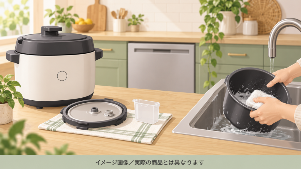 架空の電気圧力鍋と部品の手入れを描いたイメージ。実際の商品・取り外し手順とは異なります。