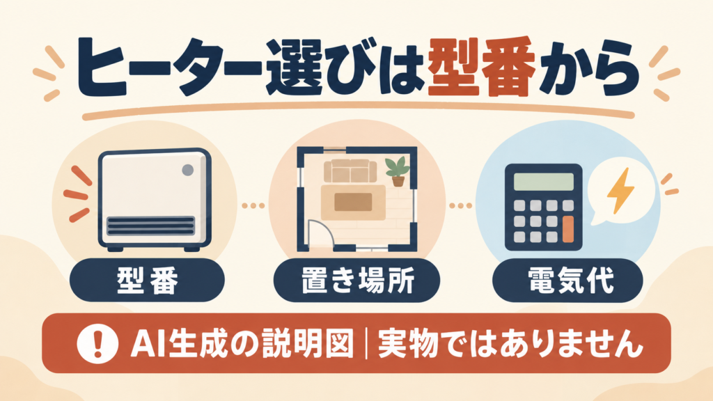 ヒーター選びで型番・置き場所・電気代を確認する3つの判断軸を示したAI生成の説明図。実物の形状ではありません。