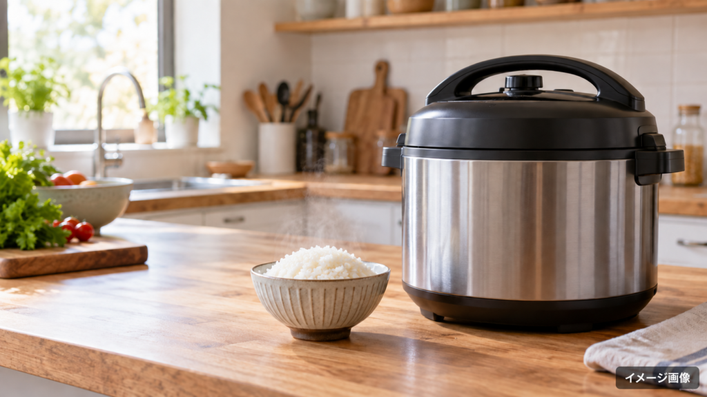 架空の電気圧力鍋とごはんのイメージ。実際のクッキングプロ製品とは異なります